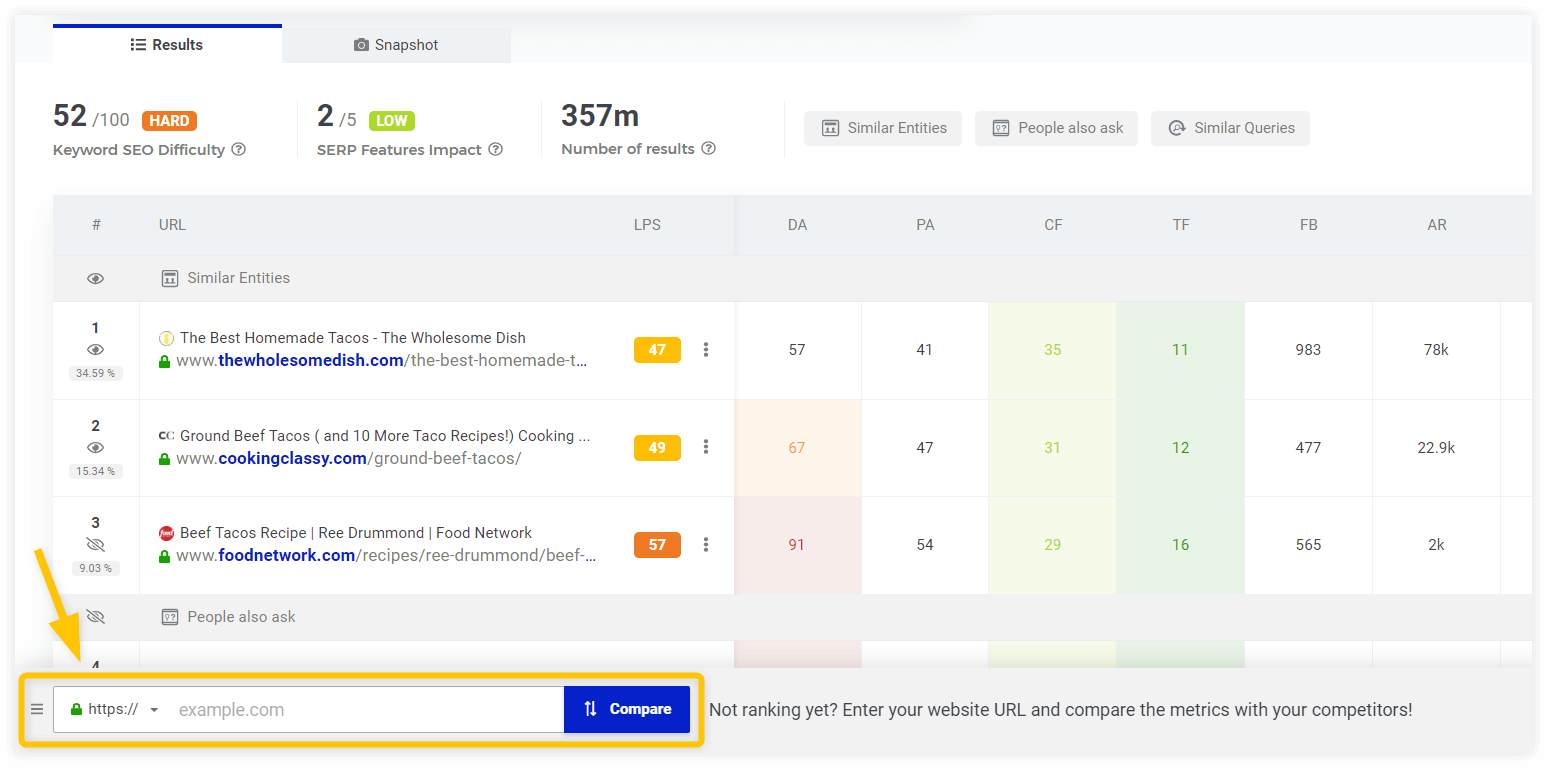 Comparison of the website with any of the competitors in Google SERP via SERPChecker - example