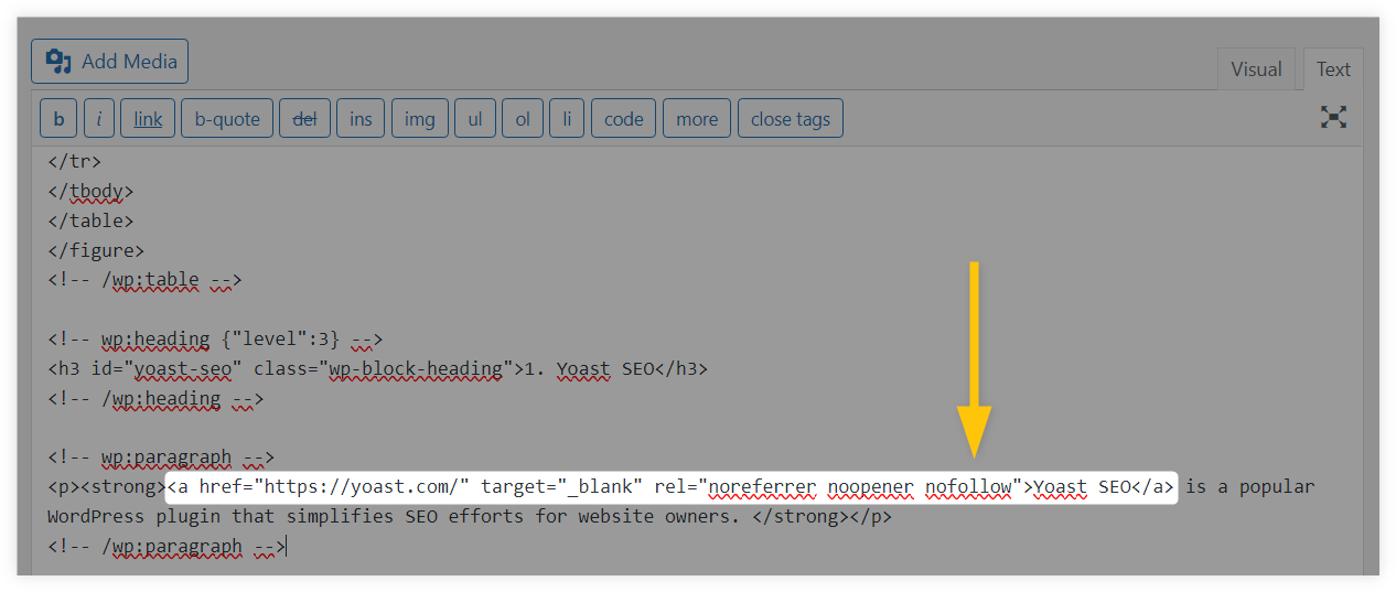 Adding nofollow attribute in WordPress editor - example