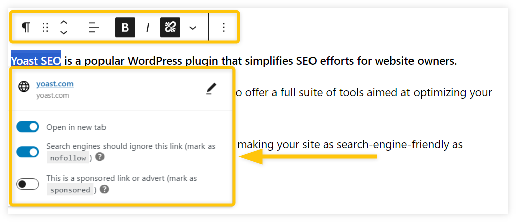 Adding nofollow attribute in the WordPress editor - example