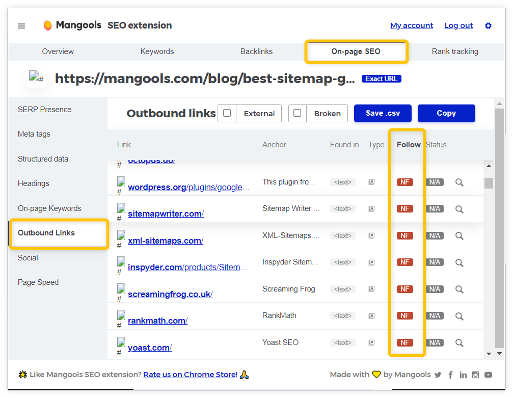 Mangools SEO extension - nofollow links - example