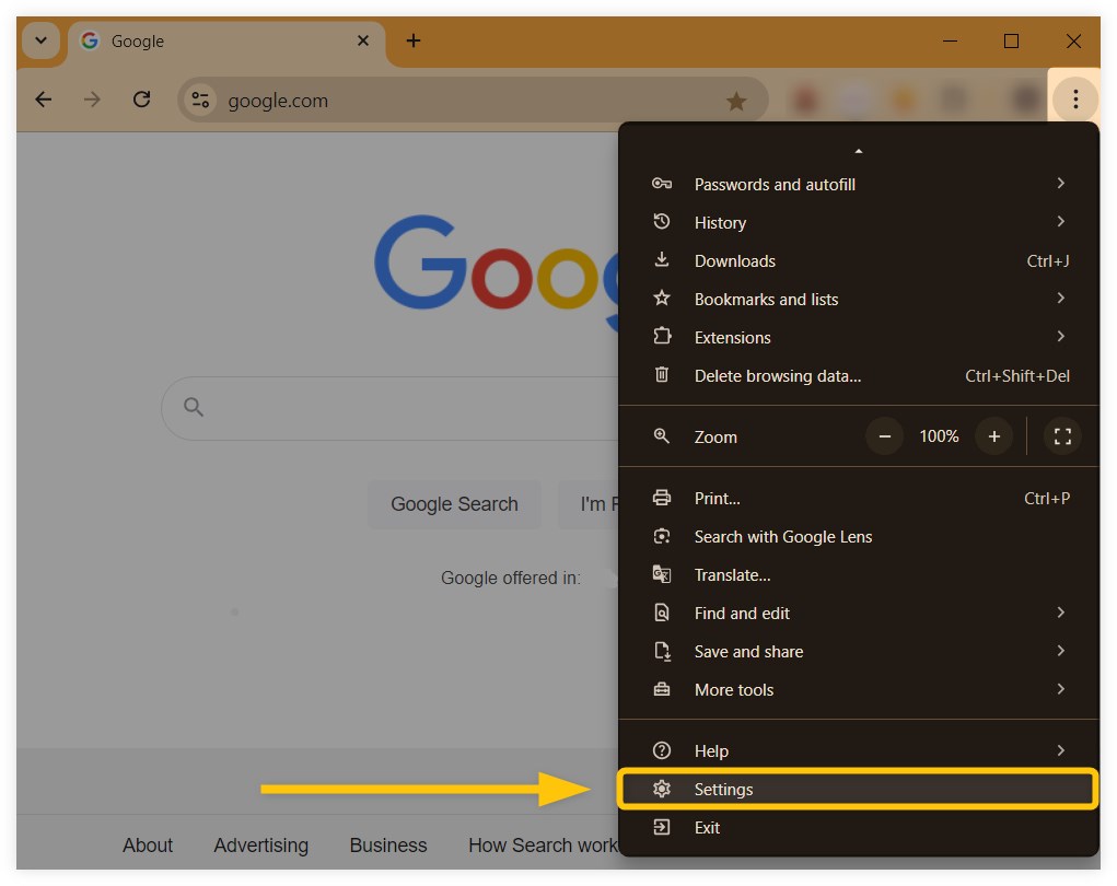 Hit the 3 dots in the top-right corner of your browser and select “Settings” from the menu.