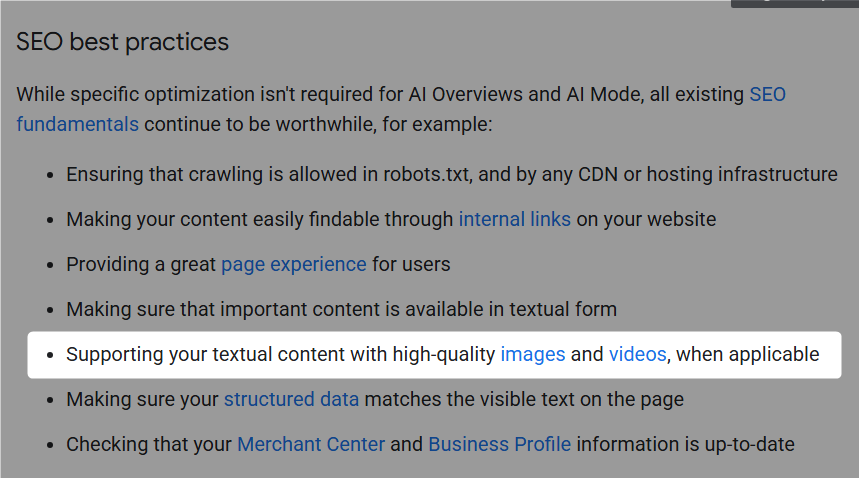 Google AI mode guidelines snippet